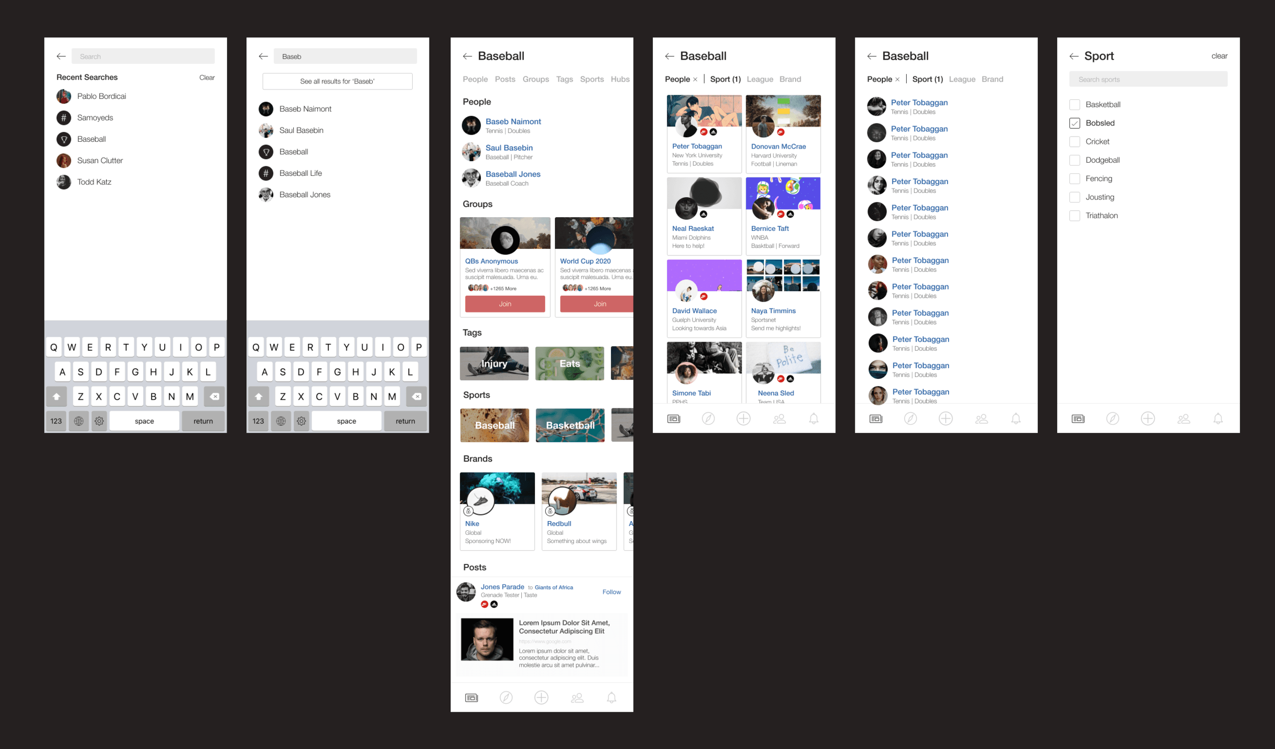Search for users, tags, content, and sport