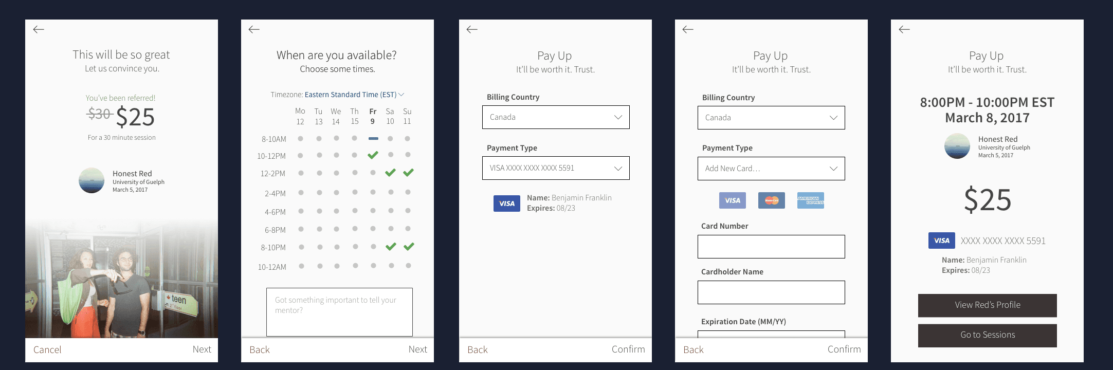Payment flow that moves from time selection to payment to post-payment summary.
