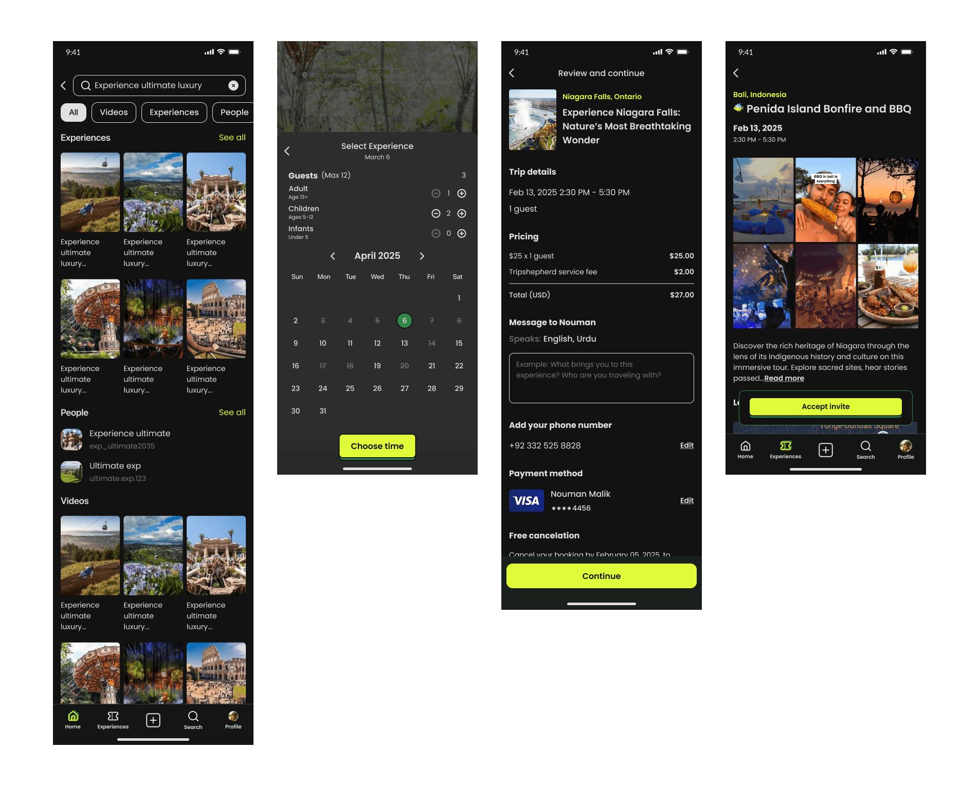Booking confirmation page showing pricing breakdown, guest management, and share link