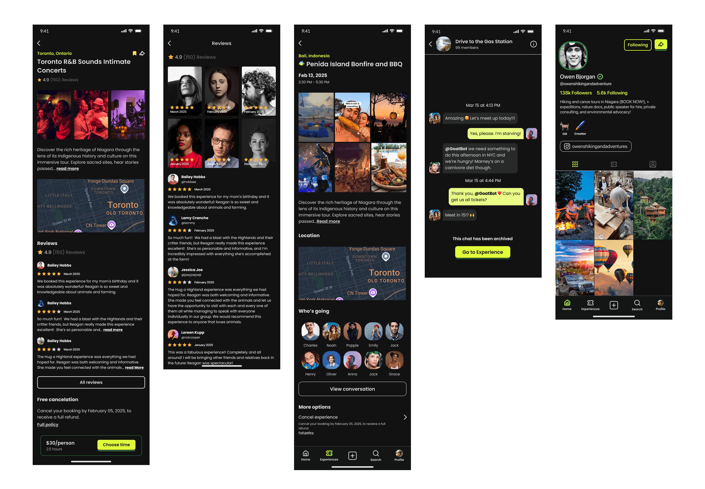 Experience detail page with floating booking CTA, itinerary details, and host profile