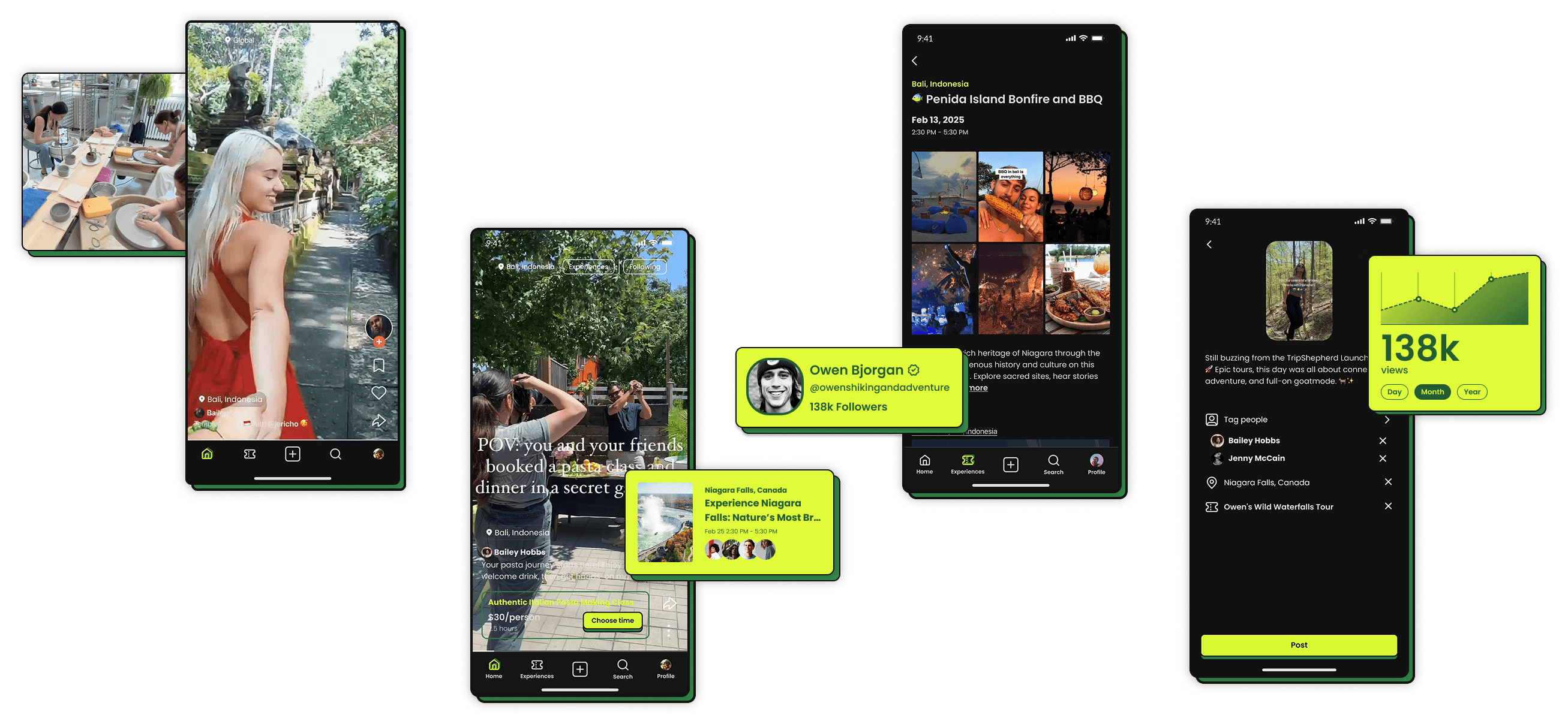 Screenshots of main video feed, experience details page, and content creation page.