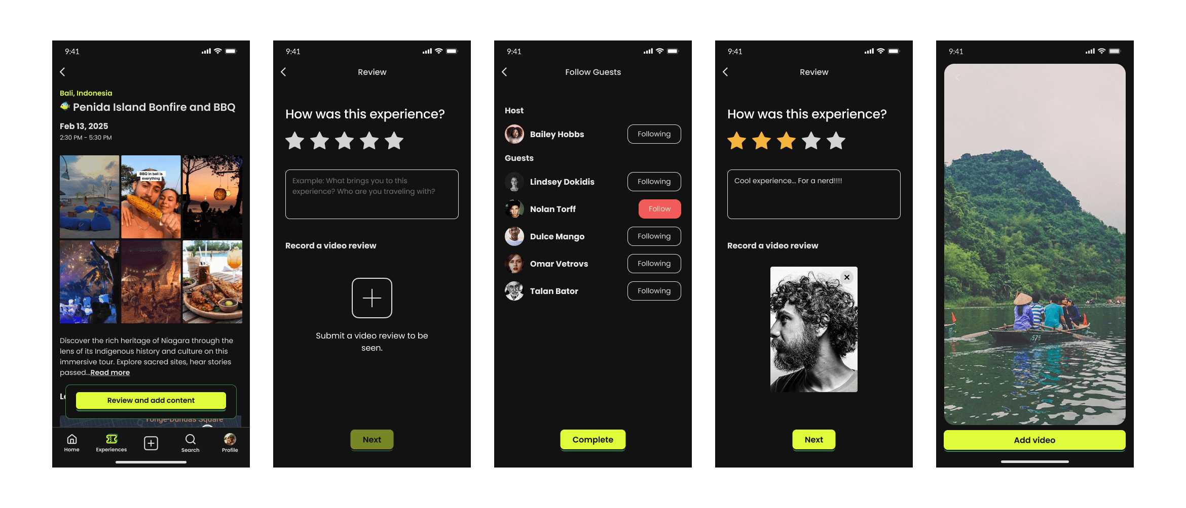 Video review feed with 5-star rating overlay and reviewer profile